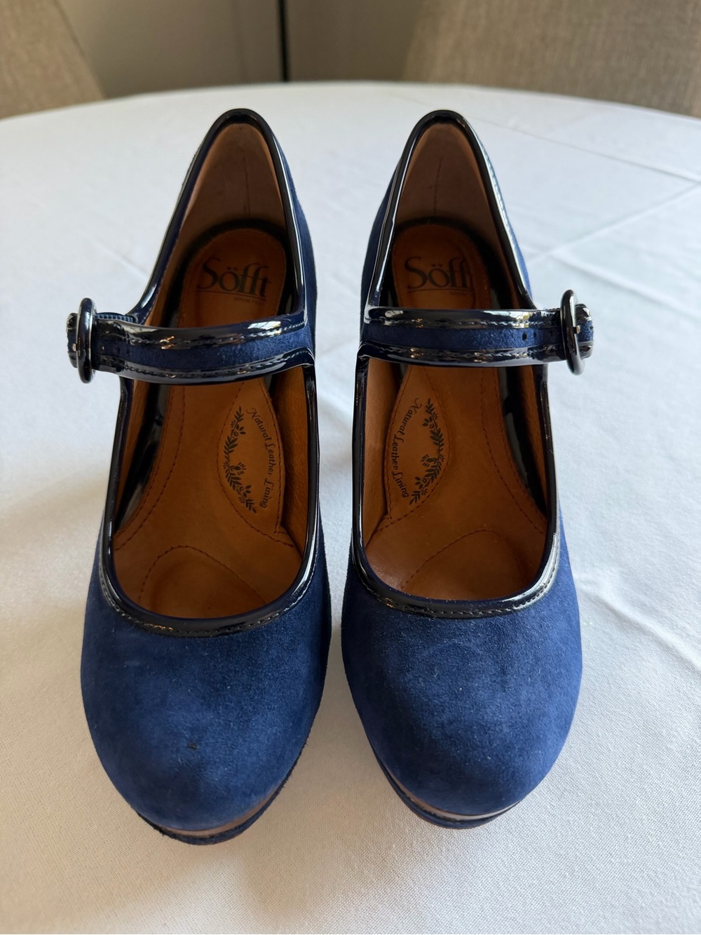 Söfft Navy Suede Mary Jane Heels with Patent Trim